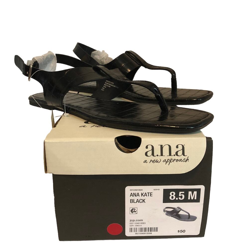 ANA Kate Womens‎ Flat Sandals T-Strap Size 8.5M Black Neutral Minimal Beach Y2K